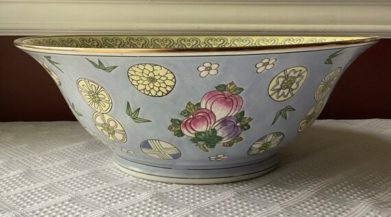 VTG 6-Character Chinese Porcelain Punch Bowl, Peaches-design, 13” W, 5+ lbs