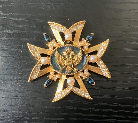 Russian Maltese Cross Brooch – Faux Pearls, Blue Stones & Crystals