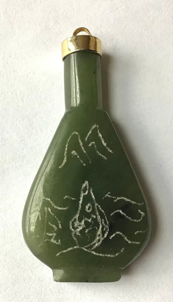 Vintage Chinese Jade Bottle-shaped Pendant, Mountains & Fish Engravings, 1 1/2”