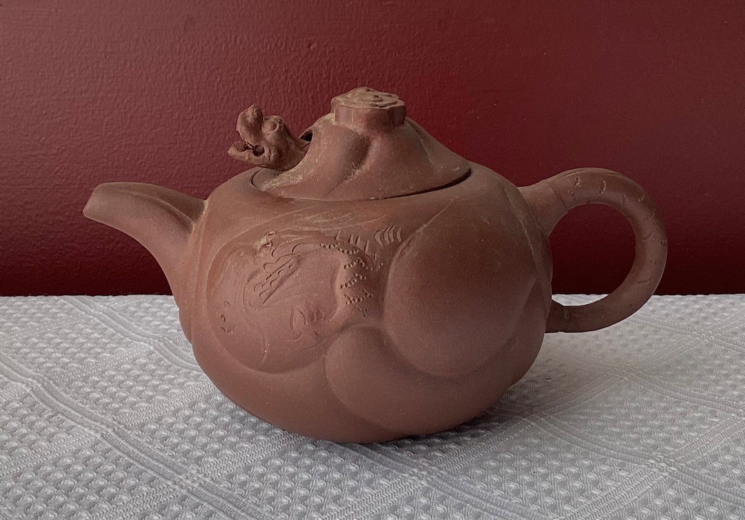 6.4'' Marked Old China Yixing Zisha pottery Bats pine text statue Teapot  tea set