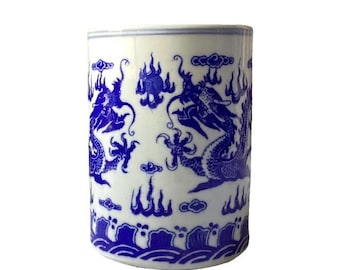 Antique Chinese Porcelain Brush Pot, Chinese Dragon Pot/ Vase, Qianlong Mark