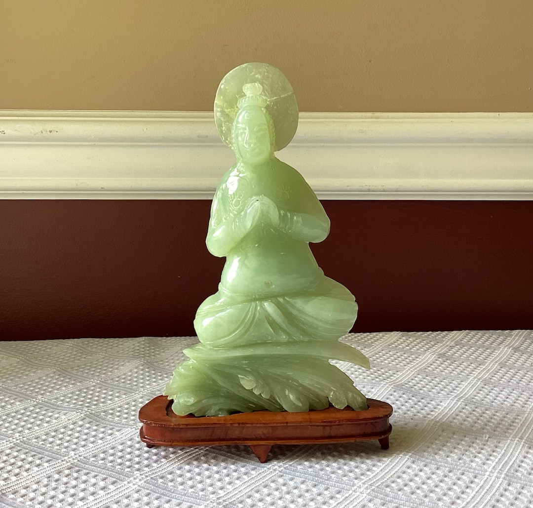 Vintage Chinese Jade Buddha Figurine on Wooden Base, 7 5/8 T Etsy