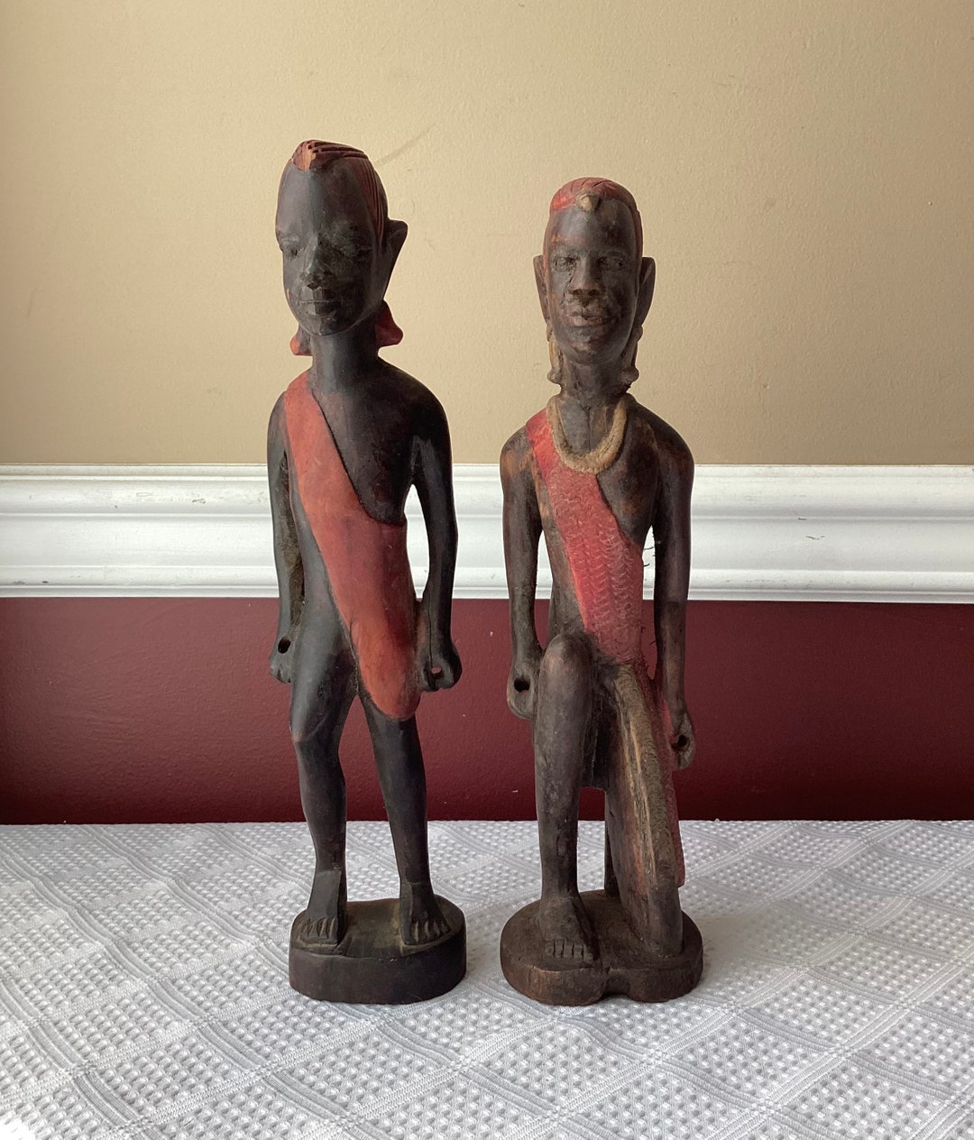 Lot of 2 Vintage African Wooden Statues, 1 Marked Kenya, Tallest 12 1/
