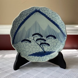 Antique Japanese Arita Blue & White Porcelain Plate + Stand, 11” W x 1 7/8” T, Unmarked