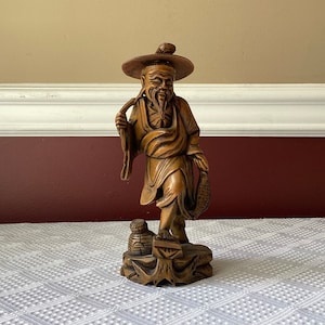 Vintage Japanese Carved Wooden Fisherman Figurine, 8” T, Unmarked