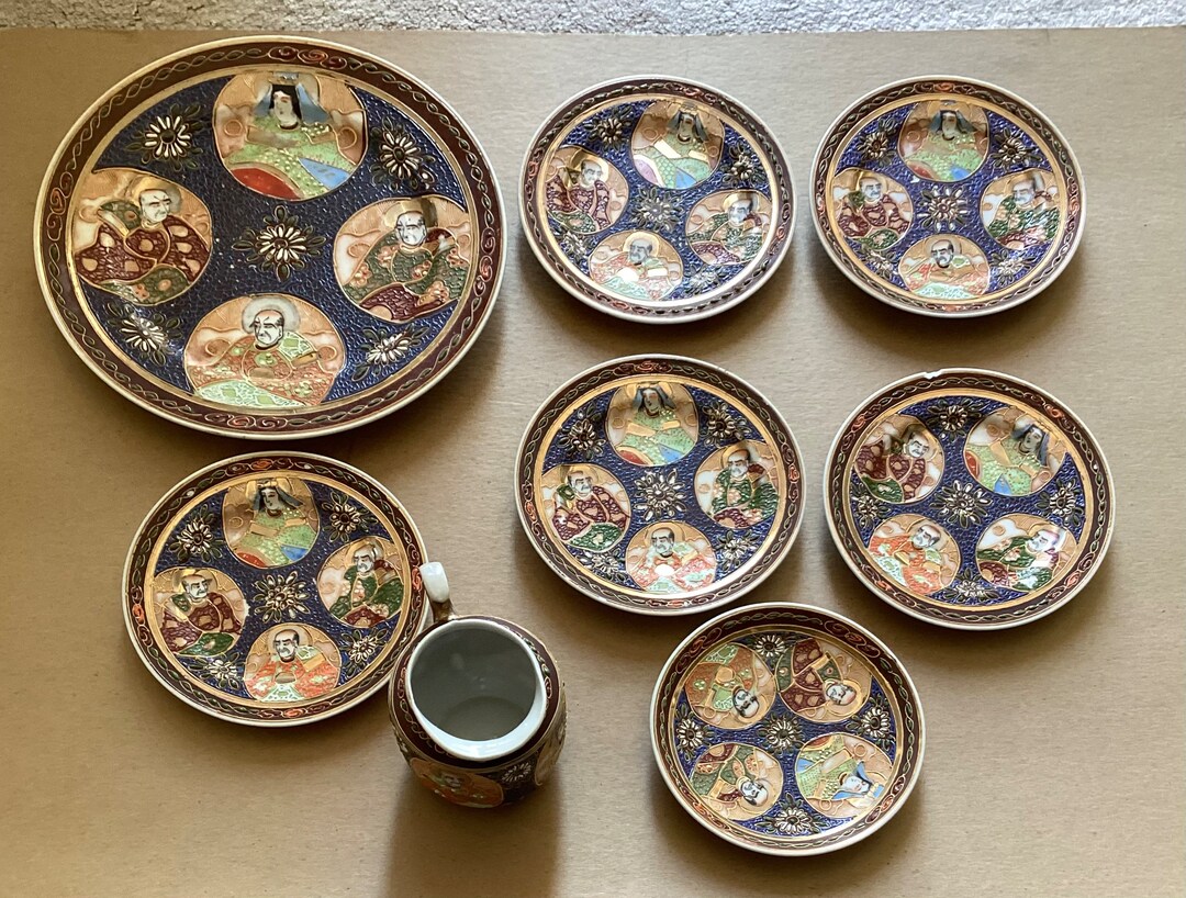 Antique 8piece Japanese Satsuma Porcelain Plates and Creamer, Unmarked