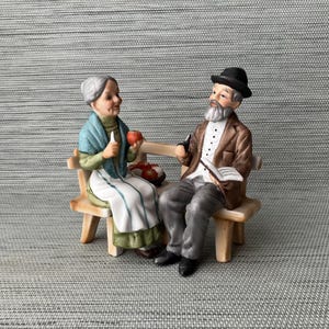 VTG Lefton China Porcelain Figurine, Japan, Elderly Couple On Bench, 4 3/4” T