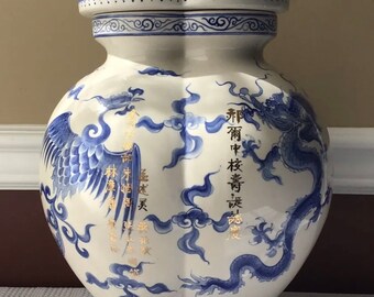 Vintage Kinmen/ Chinese Porcelain Yongle Style Urn W/ Dragon, Phenix & Inscription to US Army Lt. Col.