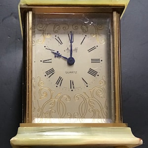 Vintage Azizoff Quartz Table Clock Made in England, Jade/ Alabaster, Working