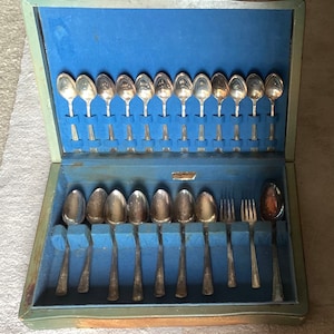Lot of 22 Camelia Silver Plated Flatware in Vintage Wooden Rogers Box