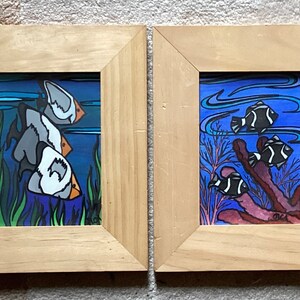 Lot of 2 Vintage Original Acrylic/Oil on Fabric Of  Tropical Fish, Signed TLCA