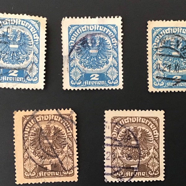 Lot Of 5 Austria Royal Post 1920-21, 1 & 2 Krone Postage Stamps, Lot #406