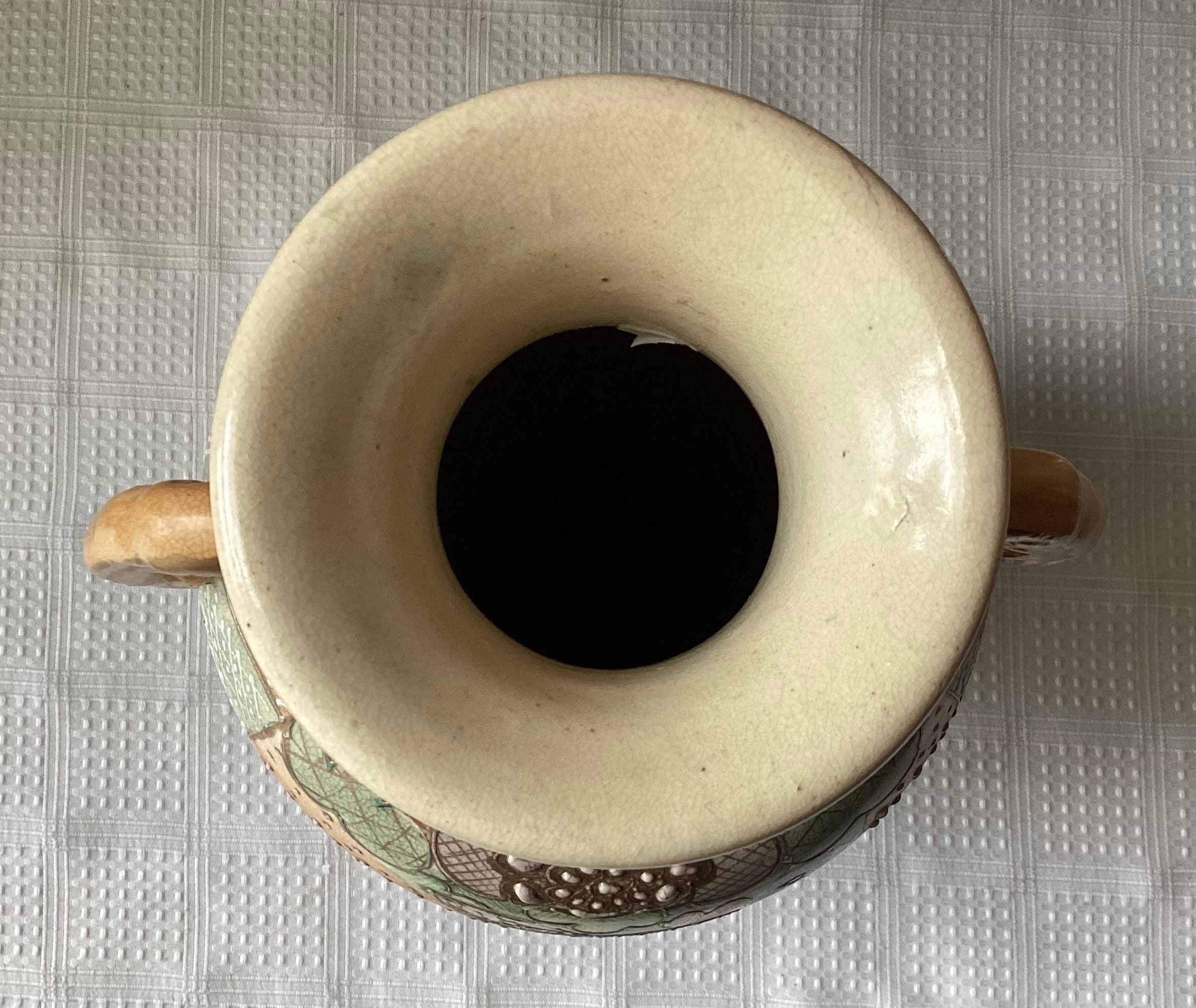 Antique Japanese Figural Ceramic Vase With Handles + Base, 11 5/8
