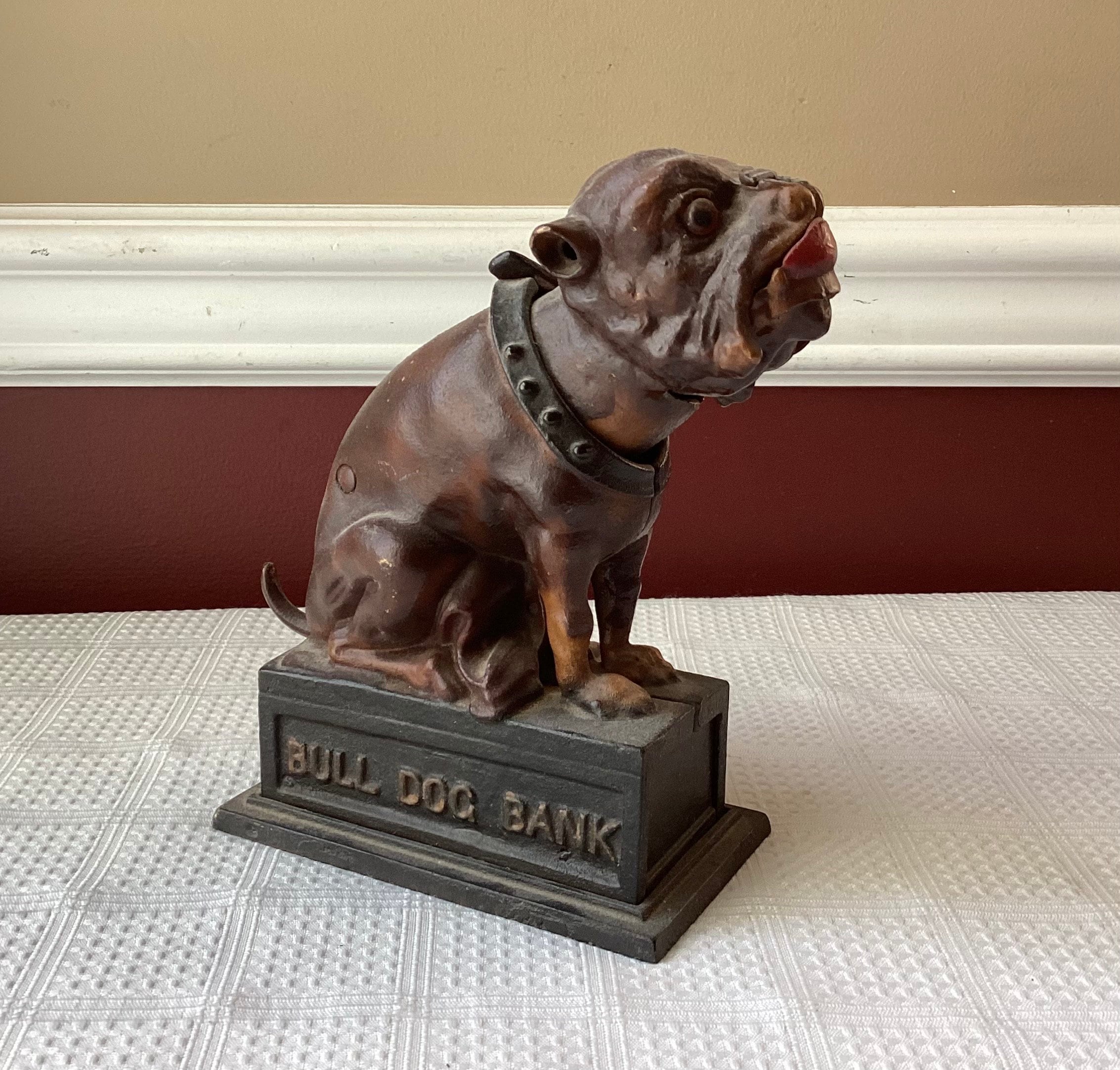 Vintage Cast Iron Bull Dog Coin Bank, First National Bank of Miami