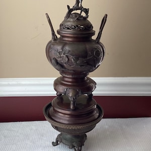 Antique Japanese Bronze Incense Burner With Bird, 20&quot; T,  Marked, Large & Heavy
