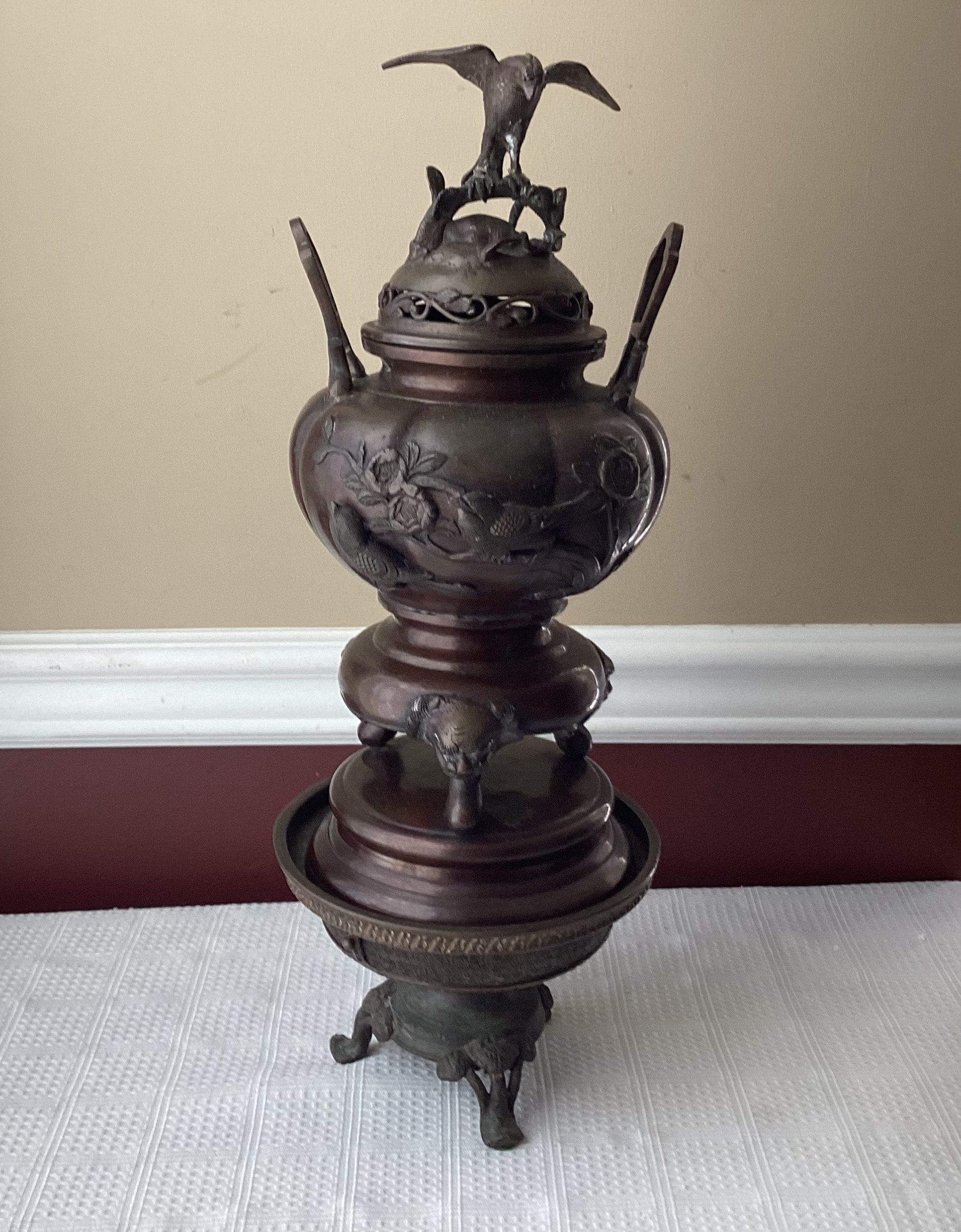 Antique Japanese Bronze Incense Burner With Bird, 20