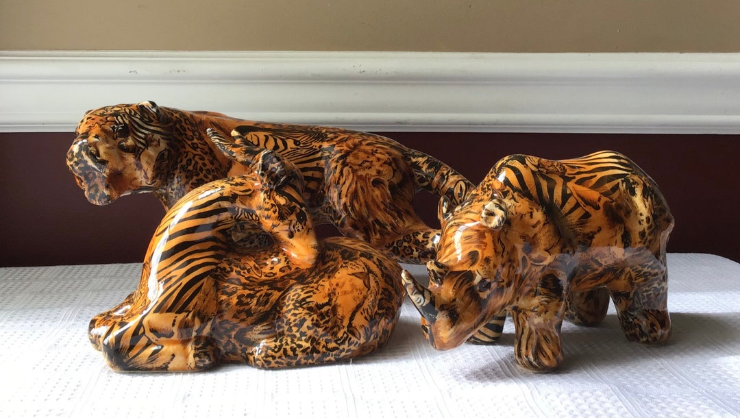 Lot of 3 Wild African Animal Shiny, Glazed Chalkware Figurines