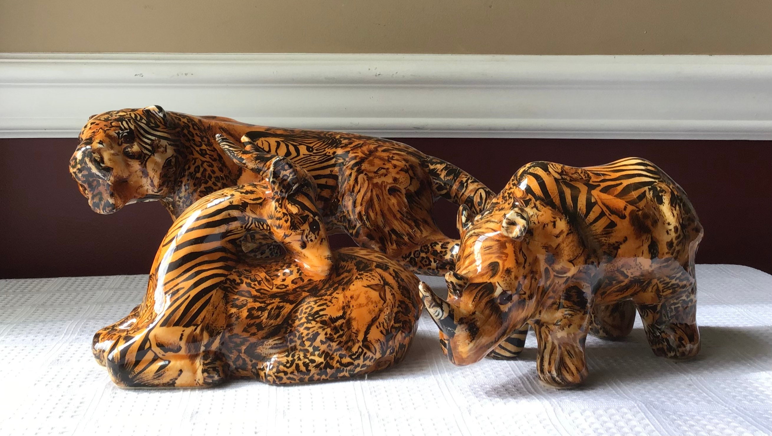 Lot of 3 Wild African Animal Shiny, Glazed Chalkware Figurines: Leopard ...