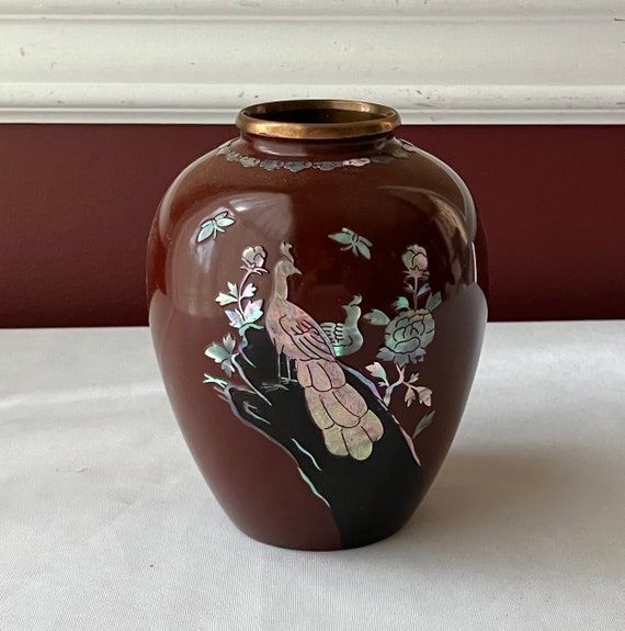 Vintage Japanese Mother of Pearl Peacock on Dark Red Brass Vase