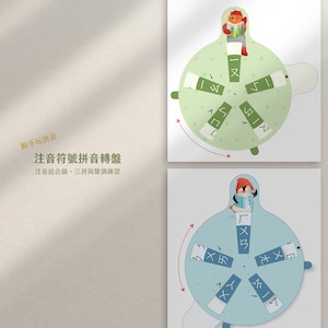 May include: A green and blue spinning wheel with a cartoon animal on top. The wheel has different Chinese characters on it. The wheel is used for learning Chinese pronunciation.