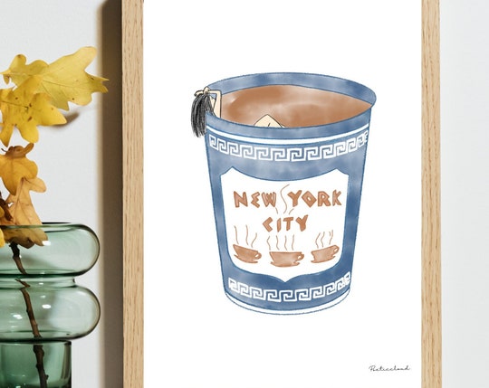 NYC Coffee Cup Watercolor Art Print: Mid-Century Modern Housewarming