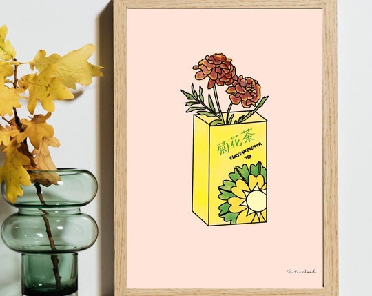 Chrysanthemum Tea Box Art Print: Quirky Kitchen Wall Decor
