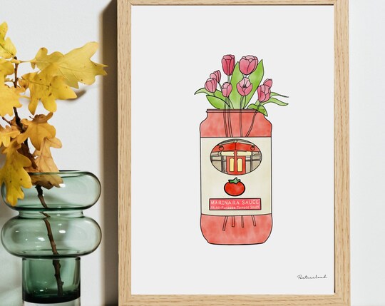 Rao's Tomato Sauce Art Print: Quirky Kitchen Decor, Flower Art