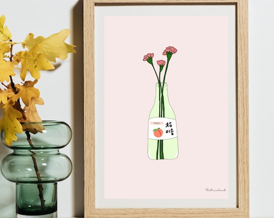 Soju Bottle Flower Art Print: Quirky Kitchen Decor (8x10)