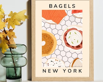 May include: A framed print with a beige background featuring a graphic illustration of various bagels with different toppings. The text "BAGELS NEW YORK" is printed in black at the top and bottom of the image.