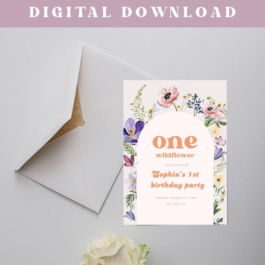 Wildflower First Birthday Invitation: Floral Design (PDF & JPG)