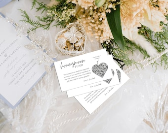 May include: A white card with black text that reads "honeymoon fund". The card has a black and white heart design with the text "No donations are expected, however, if you are inclined to contribute to our next adventure in lieu of a wedding gift we would be forever grateful."