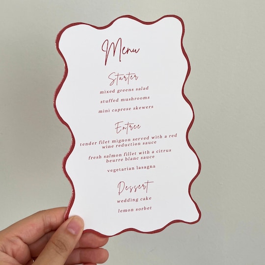 Squiggle Wave Wedding Menu Card: Minimalist Calligraphy, Personalized