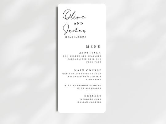 Personalized Modern Script Wedding Menu: Minimalist Calligraphy