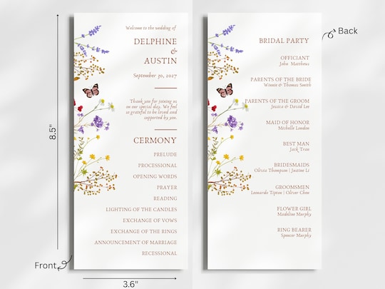 Boho Floral Wedding Program: Personalized Cardstock Reception Details