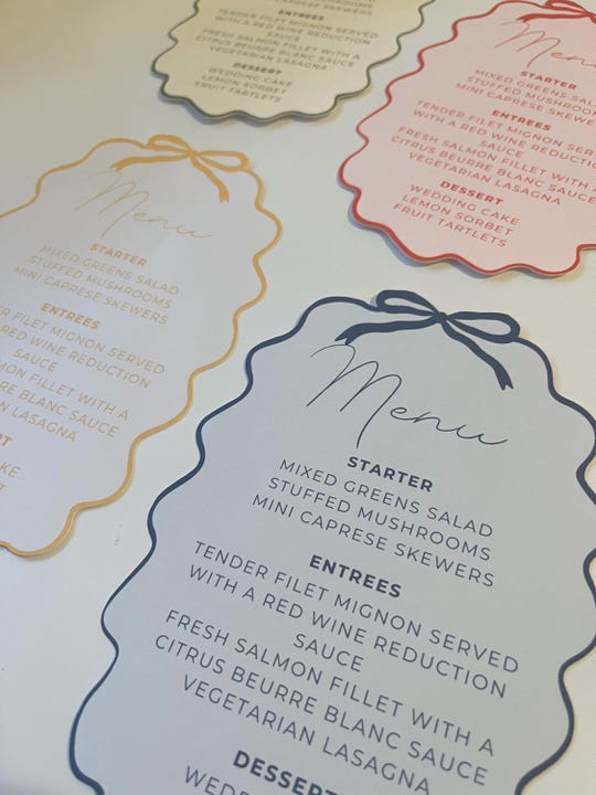 Custom Wedding Menu| Squiggle Wave Colorful Menu for Events | Bow Minimalist Calligraphy