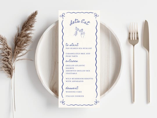 Personalized Wedding Menu: Hand-Drawn Doodle, Blue Ink
