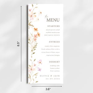 Boho Wildflower Wedding Menu Cards: Personalized Floral Reception Stationery