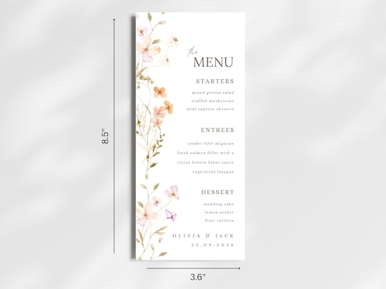 Boho Wildflower Wedding Menu Cards: Personalized Floral Reception Stationery