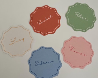 Custom Wedding Place Cards: Scalloped Colorful Guest Name Cards
