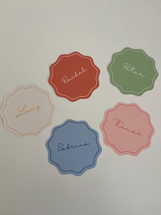 Custom Wedding Place Cards: Scalloped Colorful Guest Name Cards