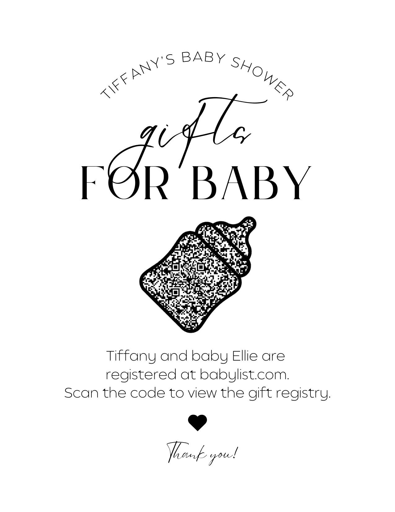 Printed Baby Shower Gift Registry Card With QR Code Baby Bottle Baby