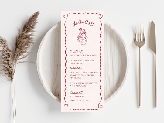 Doodle Wedding Menu: Personalized Pink Reception Decor