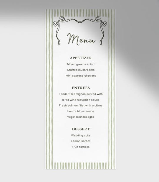 Green Striped Wedding Menu Cards: Modern Minimalist Reception Stationery