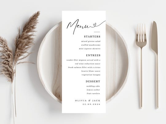 Personalized Wedding Menu Card: Minimalist Calligraphy, Heart Design