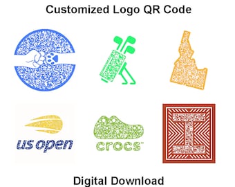 May include: A digital download of six different QR codes featuring various logos, including a paw print, a golf bag, the state of Idaho, a tennis racket, a shoe, and a letter "T". The logos are all made up of small squares in different colours.