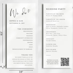 May include: A white wedding program, 8.5 inches tall and 3.6 inches wide, with black text. The front features the names Sophia & Alex, the date, and ceremony details. The back lists the wedding party and a QR code.