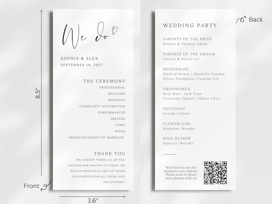Minimalist Wedding Program Card: Elegant Reception Details, QR Code
