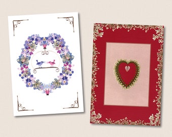 Greeting cards for Valentine's Day, wedding, anniversary with handmade pressed flower designs