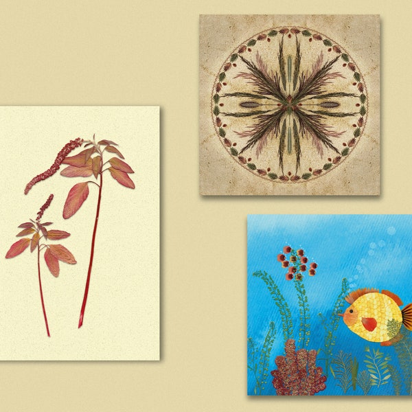 Art cards with handmade pressed flower designs printed on extrarough 100% recycled paper