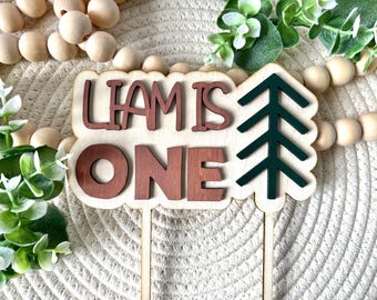 Personalized Woodland First Birthday Cake Topper: Camping Theme